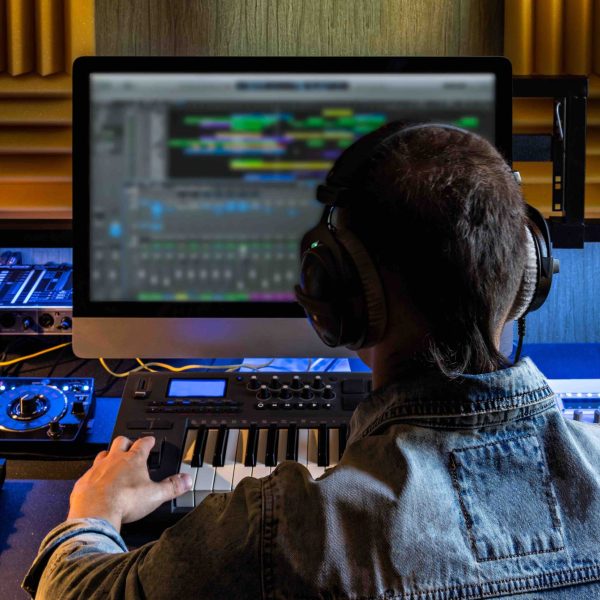 Men produce electronic music in project home studio.